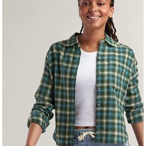 Toad & Co Women's Re-form Flannel Long Sleeve Plaid Shirt S Green Blue Cabincore